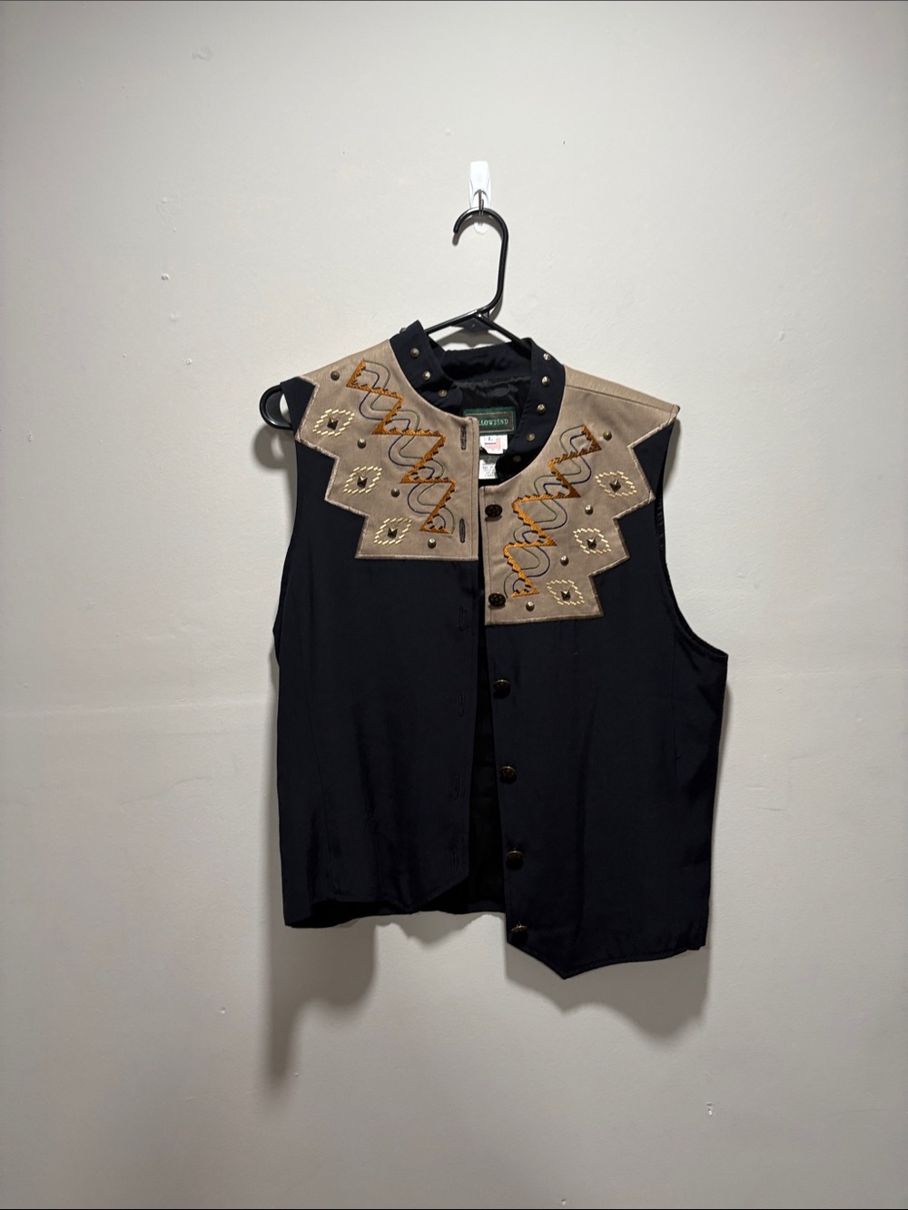 Willow Black Vest with Tan Embroidered Yoke and Gold Accents